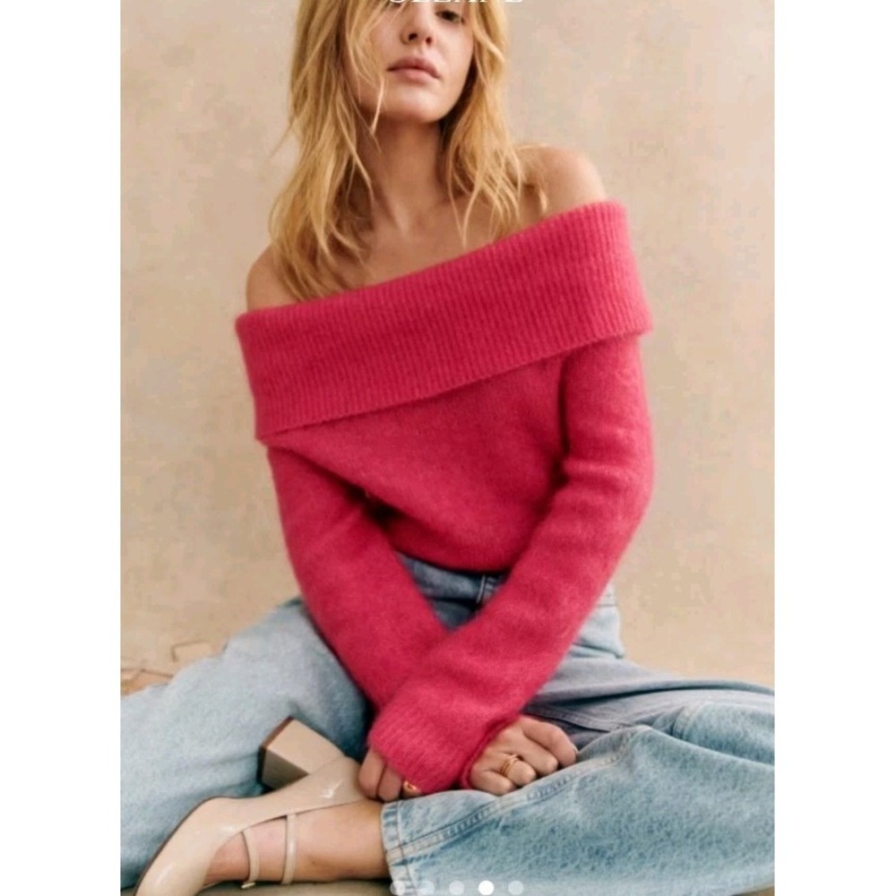 Sezane Women's Aurora Off The Shoulder Sweater Pop Pink Sz S Mohair Wool Blend